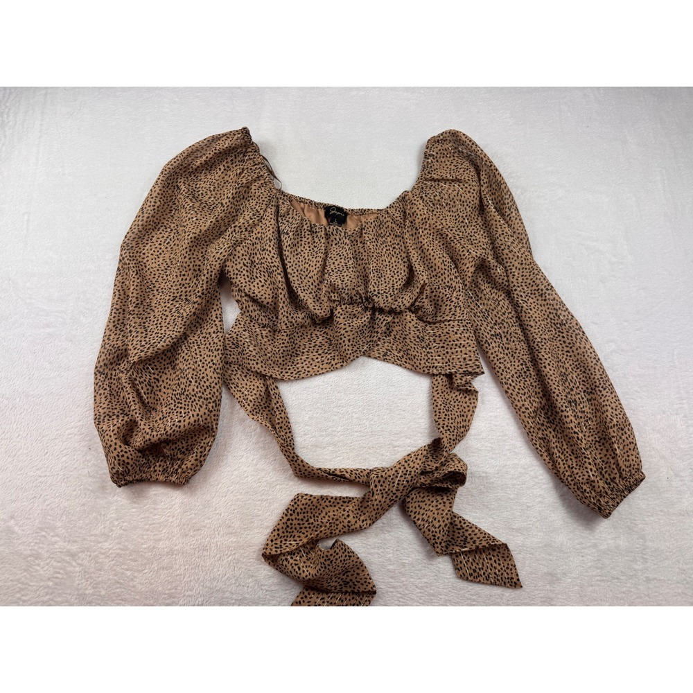 Japna Animal Print Wrap Tie Crop Top Tan Black Metallic Square Neck Large